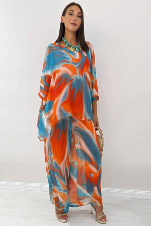 ROMI coordinated in silk blouse and trousers with abstract fantasy coordinated ROMI in silk blouse and trousers with fantasy Ast