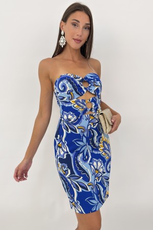 Robe courte en Meli avec fantaisie vive botanique et décolleté robe Meli courte avec décolleté fantaisie et décolleté botanique 