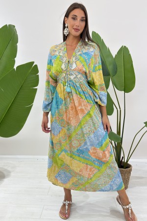 Ana long dress with ethnic botanical fantasy with sequins and beads on the long Ana dress with botanical fantasy eterni ...