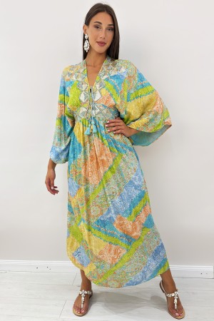 Ana long dress with ethnic botanical fantasy with sequins and beads on the long Ana dress with botanical fantasy eterni ...