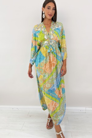 Ana long dress with ethnic botanical fantasy with sequins and beads on the long Ana dress with botanical fantasy eterni ...