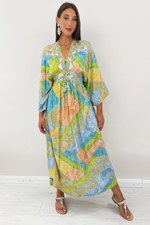 Ana long dress with ethnic botanical fantasy with sequins and beads on the long Ana dress with botanical fantasy eterni ...