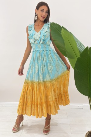 Langes Jadekleid mit Blumenstickerei in Golddraht Lurex Langes Jadekleid mit Blumenstickerei in Golddraht Lurex Long Jad Kleid .