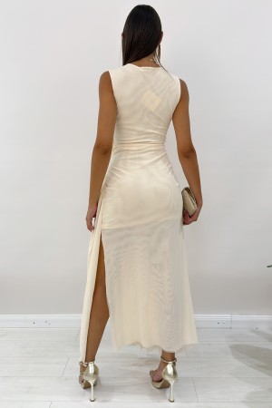 Abito lungo Nina con fantasia a intreccio in tulle sul davanti  Abito lungo Nina con fantasia a intreccio in tulle sul davant...