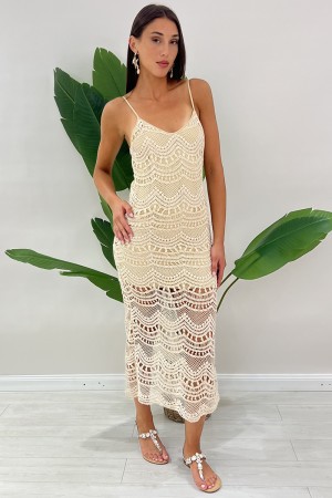 Largo Glo Vestido de encaje Crochet Perforado Largo Gold Gly Gly Lace Croqué Largo Dorado Vestido Encaje Crochet Perforado