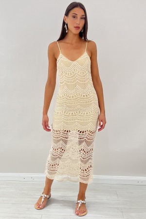 Lange Glo Spitze Kleid häkeln perforiert Langgold Glänzende Spitze häkeln lange Goldkleid Spitze häkeln perforiert