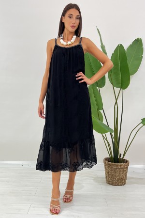 Abito lungo Cigno con profilo a treccia con fili lurex argento e pizzo san gallo Abito lungo Cigno con profilo a treccia con ...