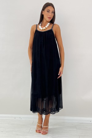 Abito lungo Cigno con profilo a treccia con fili lurex argento e pizzo san gallo Abito lungo Cigno con profilo a treccia con ...