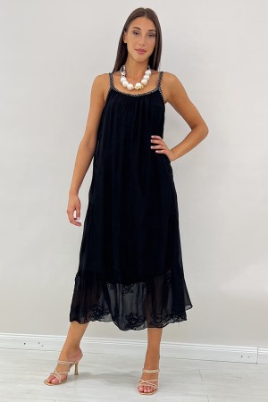 Abito lungo Cigno con profilo a treccia con fili lurex argento e pizzo san gallo Abito lungo Cigno con profilo a treccia con ...