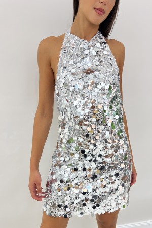Abito corto Namì con paillettes tonde piatte e scollo all'americana con schiena scoperta Abito corto Namì con paillettes tond...