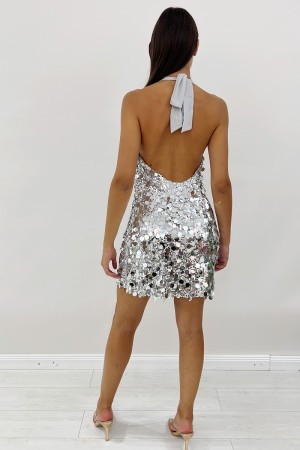 Abito corto Namì con paillettes tonde piatte e scollo all'americana con schiena scoperta Abito corto Namì con paillettes tond...
