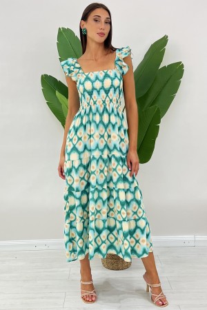 Langes Hummingbird-Kleid mit abstrakter geometrischer Fantasie mit Stretch-Mieder Langes Kolibri-Kleid mit geometrischen Fantasi