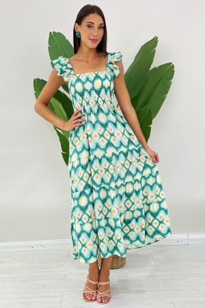Langes Hummingbird-Kleid mit abstrakter geometrischer Fantasie mit Stretch-Mieder Langes Kolibri-Kleid mit geometrischen Fantasi