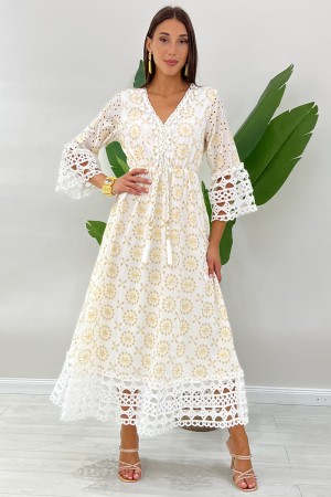 Abito lungo Bahamas in pizzo crochet traforato oro e collo arricchito con nappe Abito lungo Bahamas in pizzo crochet traforat...