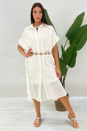 Abito lungo Illy a camicia in pizzo crochet traforato  Abito lungo Illy a camicia in pizzo crochet traforato  Abito lungo Ill...