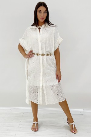 Abito lungo Illy a camicia in pizzo crochet traforato  Abito lungo Illy a camicia in pizzo crochet traforato  Abito lungo Ill...