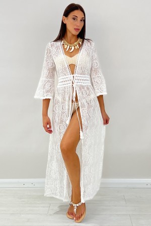 Cardigan lungo Manila in pizzo traforato con laccio frontale  Cardigan lungo Manila in pizzo traforato con laccio frontale  C...