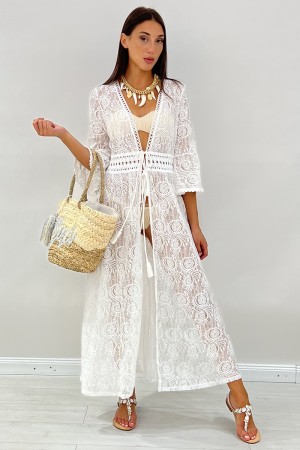 Cardigan lungo Manila in pizzo traforato con laccio frontale  Cardigan lungo Manila in pizzo traforato con laccio frontale  C...
