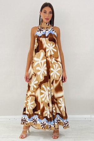 Tuta Sunday con fantasia floreale astratta accollata con fiocco sul retro Tuta Sunday con fantasia floreale astratta accollat...