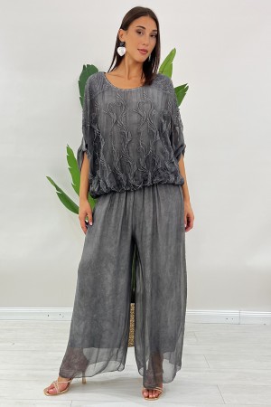 Coordinato Mosca blusa e pantalone con inserti botanici e pizzo Coordinato Mosca blusa e pantalone con inserti botanici e piz...