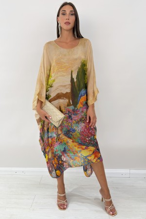 Robe de grâce de soie forte avec une grande robe de grâce imprimée à fleurs florales lumineuses avec une soie imprimée florale l