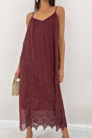 Long Bonnie Dress with Botanical Embroidery and Lace Crochet on the Background Long Dress Bonnie with Botanical Embroidery and L