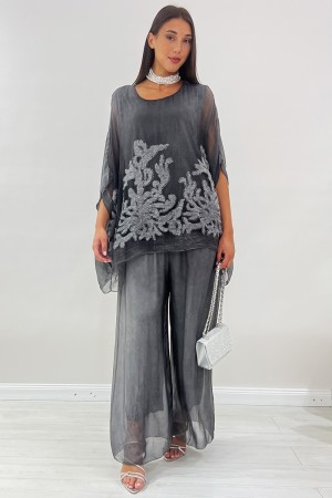 Coordinó seis blusa y pantalones con inserciones botánicas y lentejuelas coordinadas seis blusa y pantalones con inserciones bot