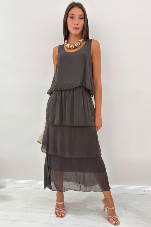 Abito lungo Sky misto seta e viscosa smanicato con balze  Abito lungo Sky misto seta e viscosa smanicato con balze  Abito lun...