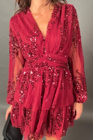 Robe de rubis courte avec voile plissé et robe courte rubis à paillette plate ronde avec voile plissé et paillettes ville... 