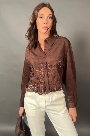 Giacca Audrey scamosciata con dettagli in pizzo crochet traforato Giacca Audrey scamosciata con dettagli in pizzo crochet tra...