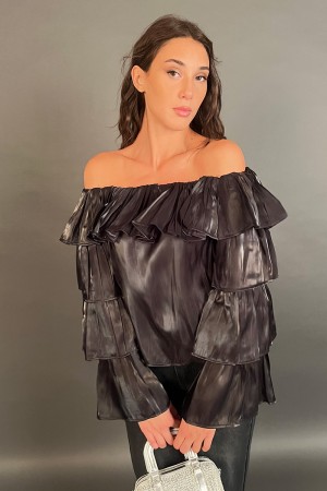 Blusa Cigno a balze effetto lucido metallizzato Blusa Cigno a balze effetto lucido metallizzato Blusa Cigno a balze effetto l...