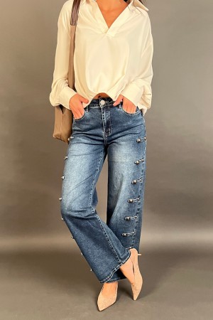 Pantalone Bien in jeans cargo con tasche applicate laterali e dettagli con bottoni metallici decorativi Pantalone Bien in jea...