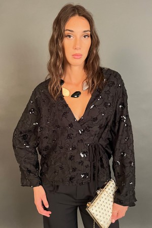 Greta-Bluse mit Blumeneinsätzen in Pailletten und Stoffbluse Greta mit Blumeneinsätzen in Pailletten und Stoffbluse Greta... 