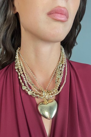Collana Piera multifilo con cuoricini e pietre pendente a forma di cuore Collana Piera multifilo con cuoricini e pietre pende...
