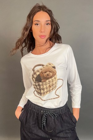 Maglia Bise a maniche lunghe con stampa borsa con orsetto Maglia Bise a maniche lunghe con stampa borsa con orsetto Maglia Bi...