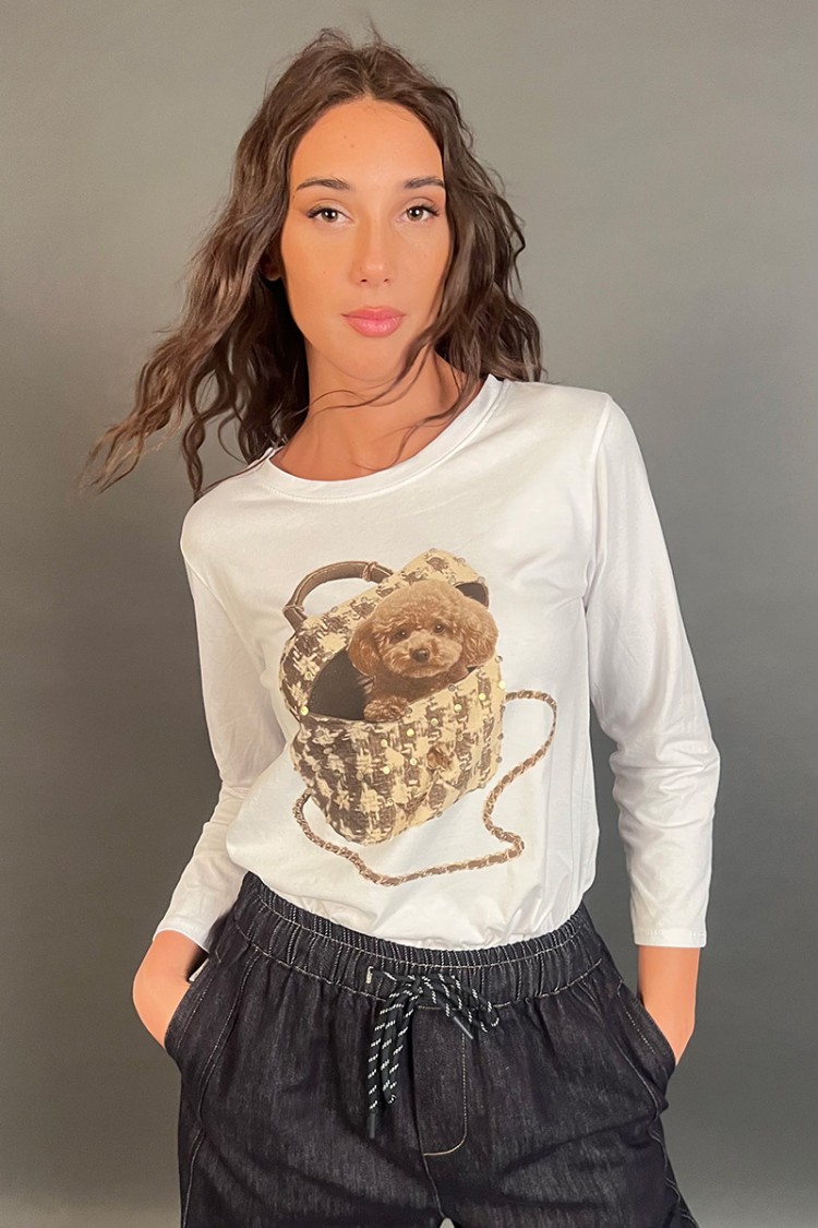 Maglia Bise a maniche lunghe con stampa borsa con orsetto Maglia Bise a maniche lunghe con stampa borsa con orsetto Maglia Bi...