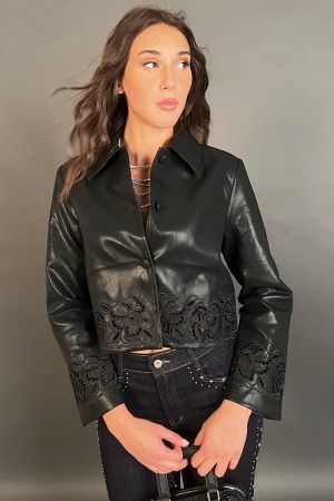 Jacket Odette in eco-leather with final edge with contrasting lace Crochet perforated Jacket Odette in eco-leather with final ed