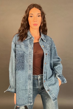 Giacca Camicia Mia in denim con pietre strass  Giacca Camicia Mia in denim con pietre strass  Giacca Camicia Mia in denim con...
