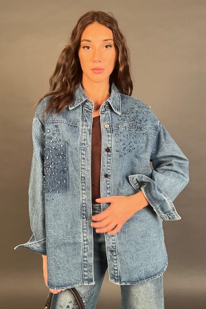Giacca Camicia Mia in denim con pietre strass  Giacca Camicia Mia in denim con pietre strass  Giacca Camicia Mia in denim con...