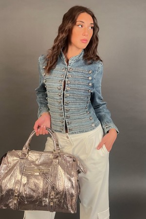 Jaquette en noyer Jeans avec fermeture à double boutonnage avec gallons en noyer veste jeans avec fermeture à double boutonnage 