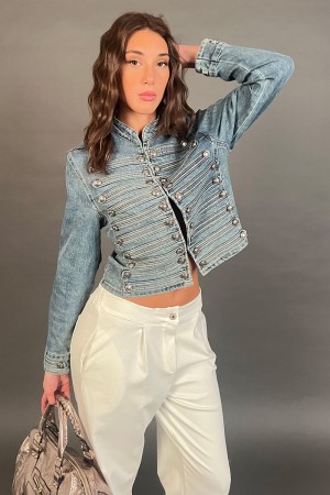 Jaquette en noyer Jeans avec fermeture à double boutonnage avec gallons en noyer veste jeans avec fermeture à double boutonnage 