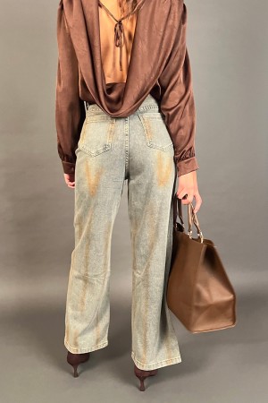 Rock Jeans Pants Dirty Wash Effect With Fabric 3D Flower And Small Tears Rock Jeans Trousers Effect Dirty Wash Co... 