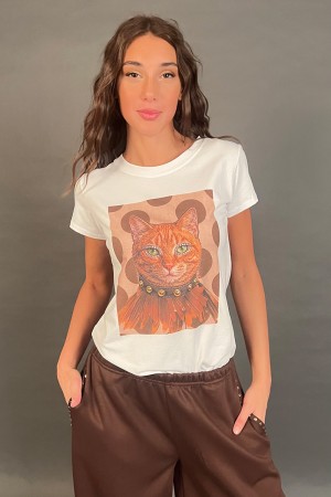 T-shirt Elix con stampa gatto e borchie oro T-shirt Elix con stampa gatto e borchie oro T-shirt Elix con stampa gatto e borch...