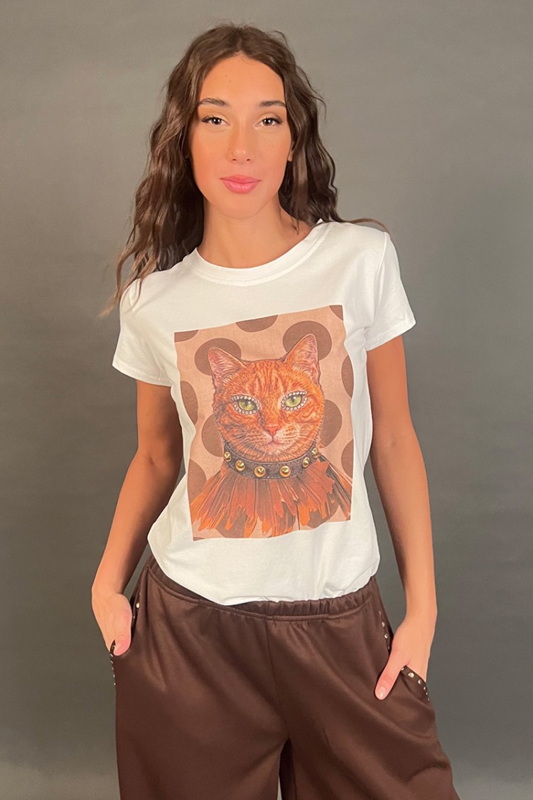 ELIX T-Shirt mit Katzendruck- und Goldstollen ELIX T-Shirt mit Katzendruck- und Goldstollen ELIX T-Shirt mit Katzendruck und Bor