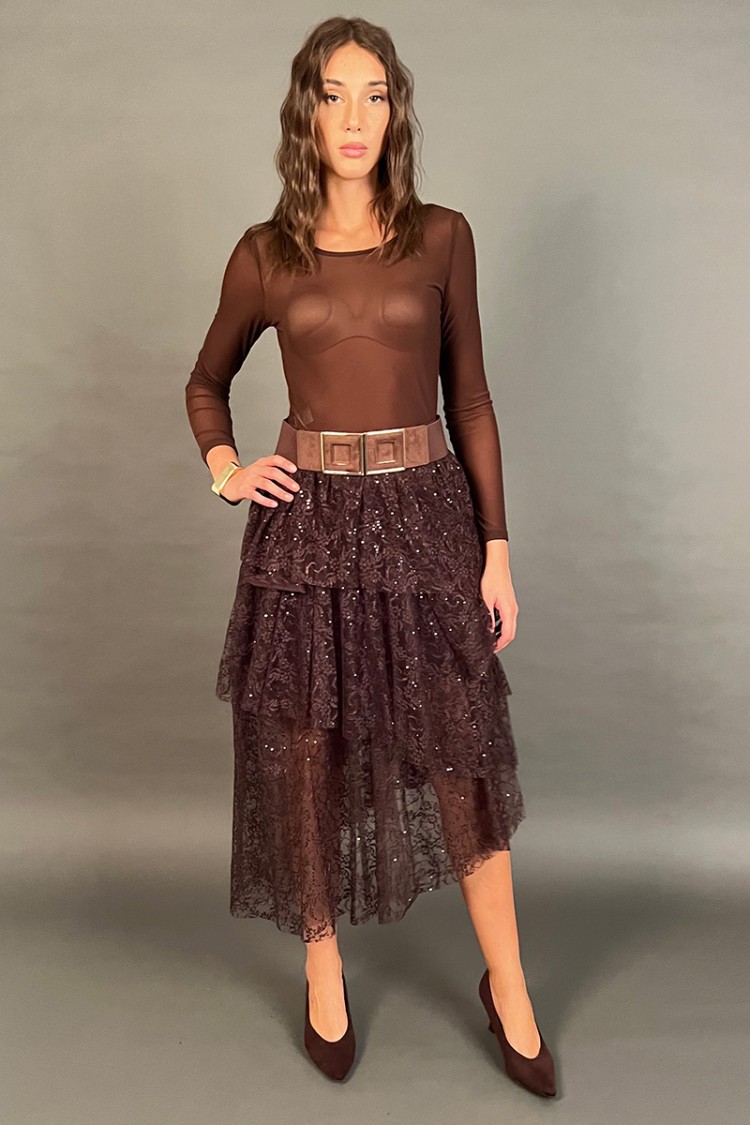 Gonna lunga Maya con balze in pizzo e paillettes tono su tono Gonna lunga Maya con balze in pizzo e paillettes tono su tono G...
