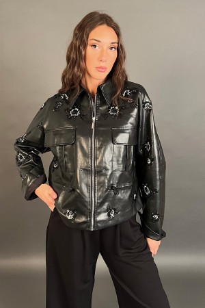 Linda jacket in eco-leather with floral motif beads Linda jacket in eco-leather with floral patterned beads Linda jacket... 