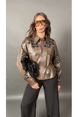 Linda Jacket in Öko-Leder mit Blumenmotiv-Perlen Linda-Jacke in Öko-Leder mit Blumen-Muster-Perlen Linda Jacket... 