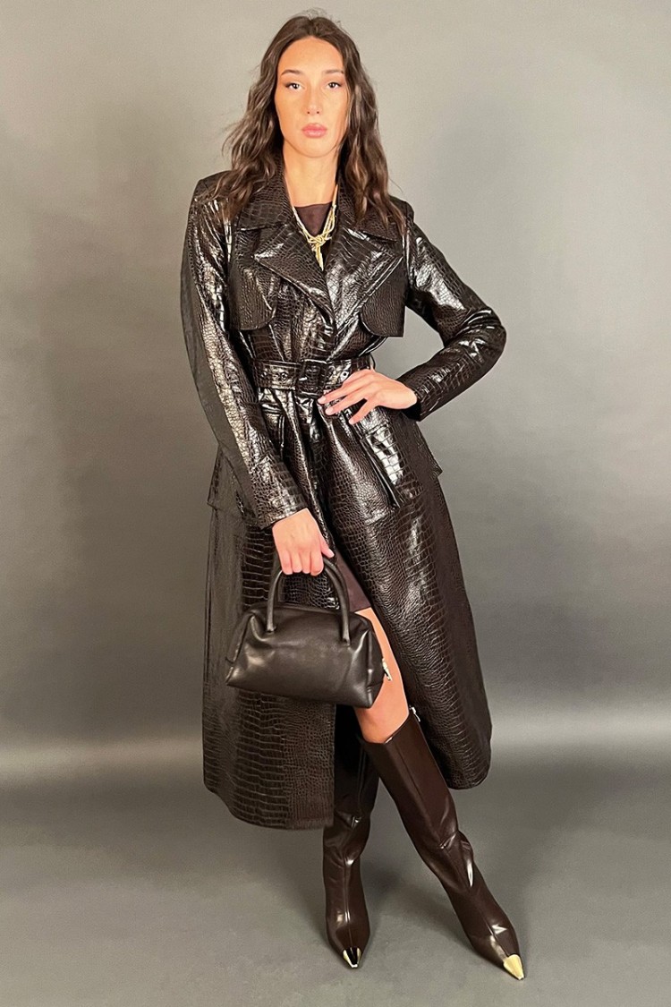 Giacca trench Croco lunga effetto pelle crocodile con tasche Giacca trench Croco lunga effetto pelle crocodile con tasche Gia...