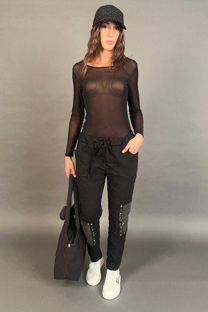 Pantalone Diamante in tessuto arricciato con toppe in paillettes  Pantalone Diamante in tessuto arricciato con toppe in paill...