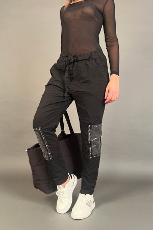 Pantalone Diamante in tessuto arricciato con toppe in paillettes  Pantalone Diamante in tessuto arricciato con toppe in paill...